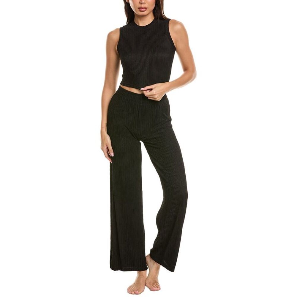 Marion Womens  2Pc Crinkled Plisse Lounge Set, Black